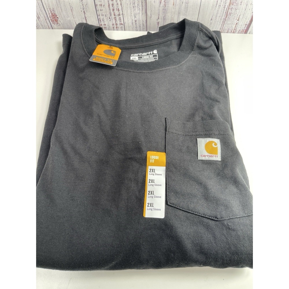 Carhartt T-Shirt Mens Sz 2XL Black Long Sleeve Loose Fit Pocket Graphic Logo NWT
